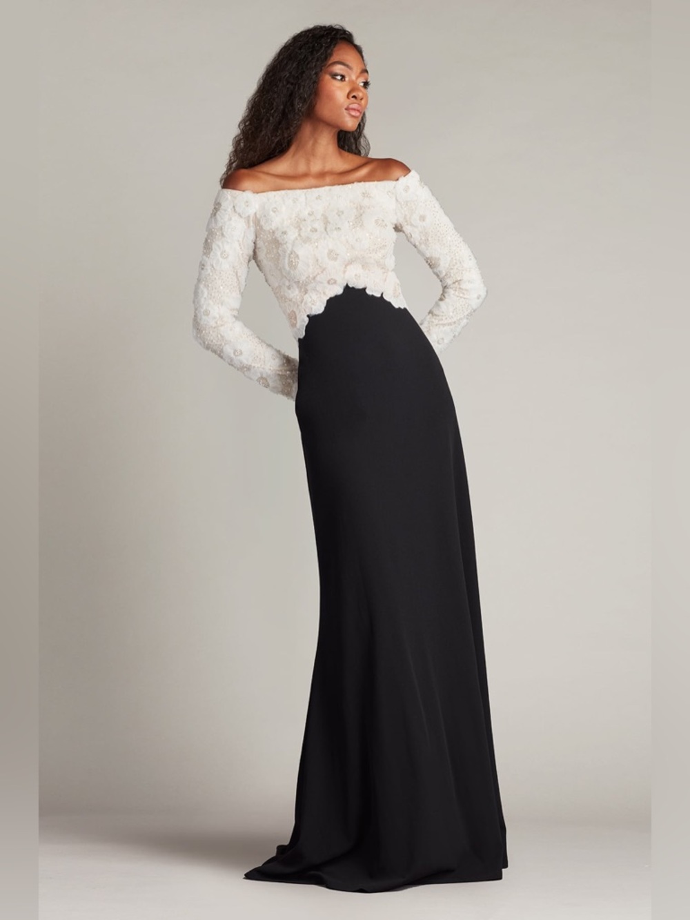 Tadashi Shoji Black and White Off-Shoulder Lace Bodice Maxi Dress